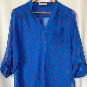 Blue tunic w/ red polka dots - Cuffed sleeves - S